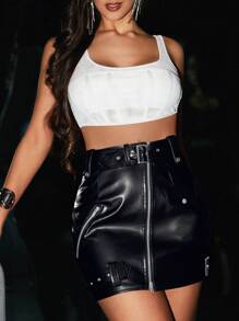 VaVaBold Zip Up Belted PU Leather Bodycon Skirt - Black - View 4