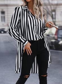 SHEIN Clasi 條紋印花高低下擺襯衫 - 黑與白 - 查看 4