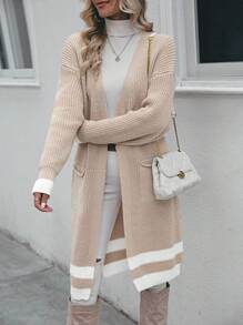 SHEIN LUNE 拼接邊落肩袖口袋貼布腰帶開襟衫 - 駝色 - 查看 4