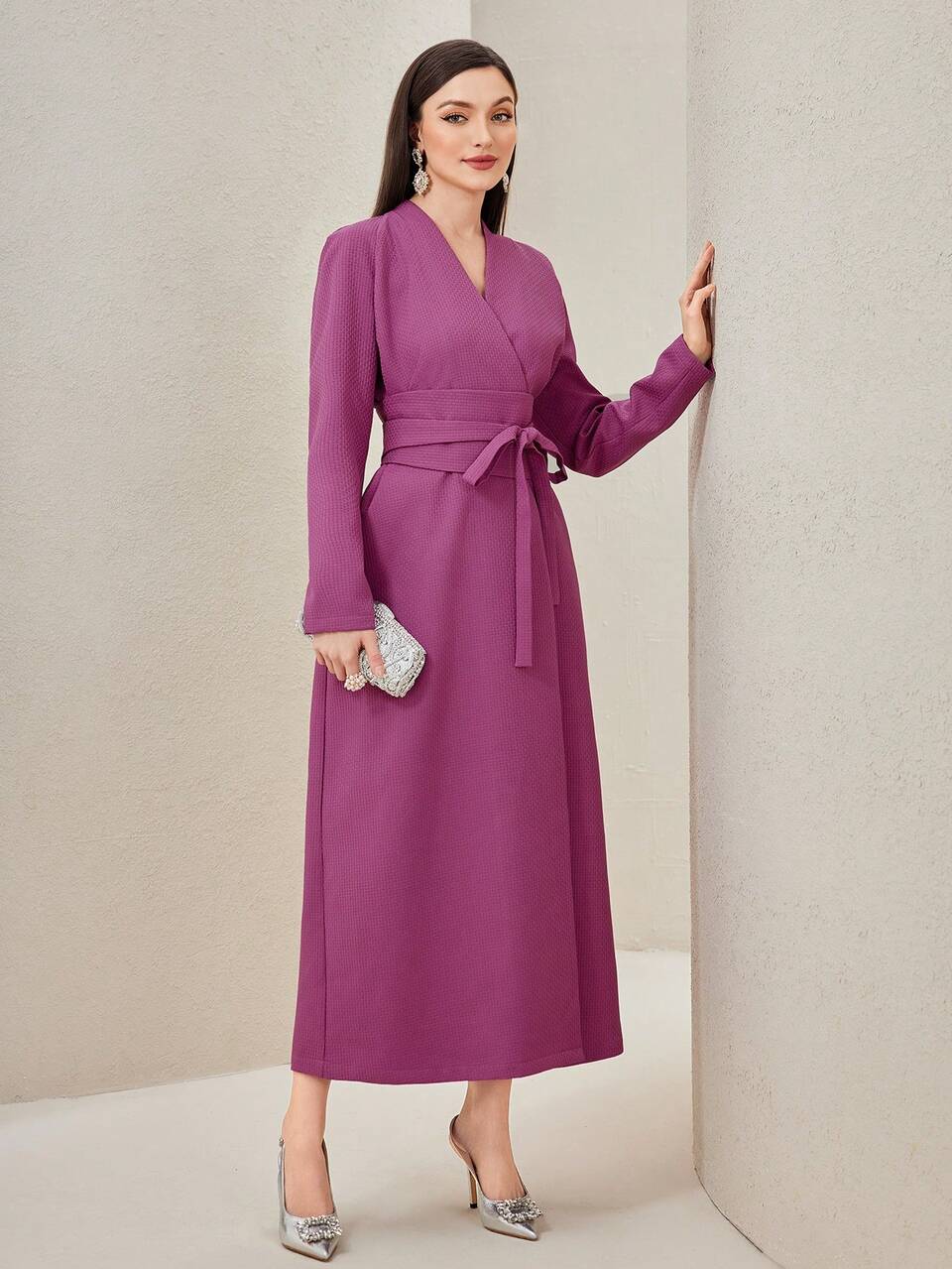 Solid Belted Dress Long Evening Dresses