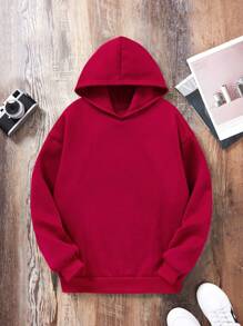 少女纯色保暖内衬卫衣 - 酒紅色 - 查看 1