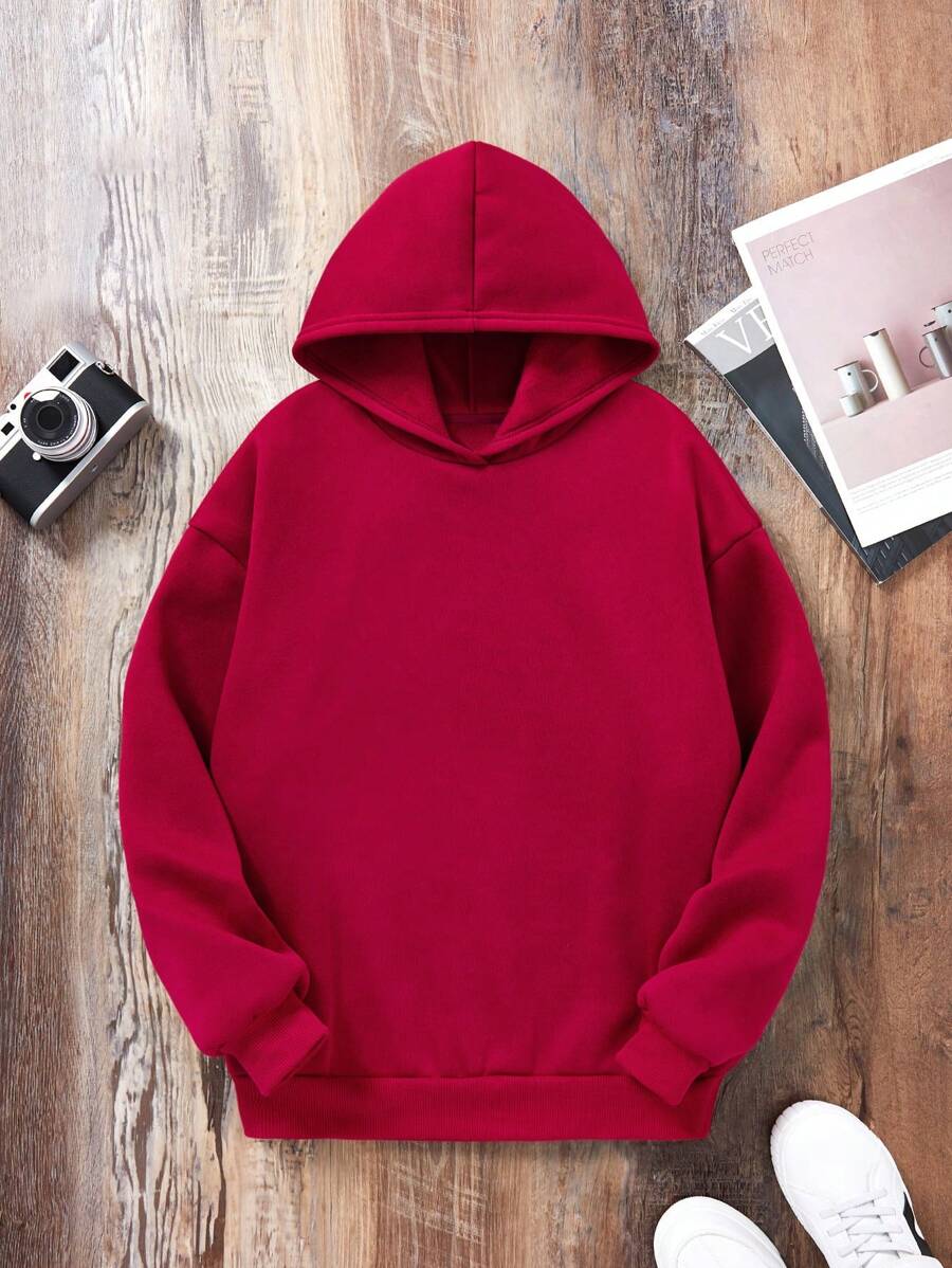 少女纯色保暖内衬卫衣 - 酒紅色 - 查看 1