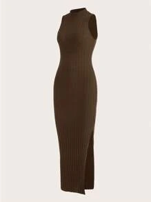 SHEIN EZwear Talla grande Vestido tank de cuello alto tejido de canalé - Marrón - Ver 3