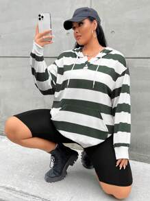 Flirla Plus Size Striped Print Drop Shoulder Drawstring Sweatshirt Pullover Fall Sweatshirt - Dark Green - View 5