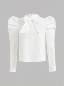 SHEIN Thiếu niên cô gái Nơ mặt trước Tay áo Áo - trắng - Xem 1