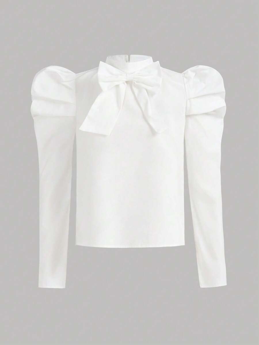 SHEIN Thiếu niên cô gái Nơ mặt trước Tay áo Áo - trắng - Xem 1
