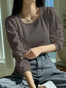 Dazy Star Chất rắn Ống tay áo Áo thun - Bụi tím - Xem 1