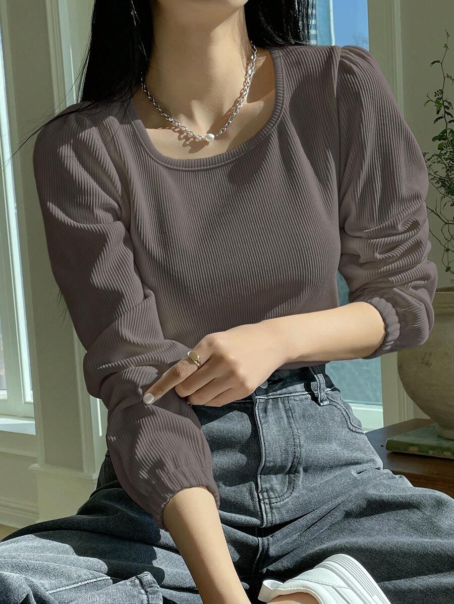 Dazy Star Chất rắn Ống tay áo Áo thun - Bụi tím - Xem 1