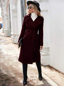 SHEIN LUNE Lapel Neck Belted Overcoat - Burgundy - View 5