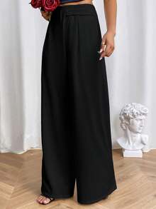SHEIN Essnce Solid Wide Leg Suit Pants - Black - View 3