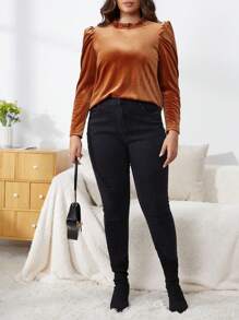 Flirla Talla grande Camiseta de cuello con fruncido de manga farol de terciopelo - Camel - Ver 4