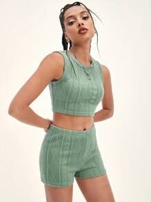 SHEIN EZwear 電纜紋理背心上衣和短褲 - 薄荷綠 - 查看 6
