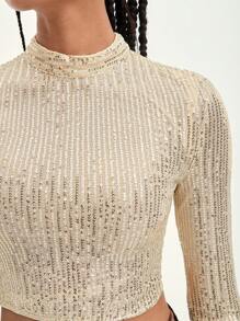 SHEIN BAE Mock Neck Sequin Crop Top - Champagne - View 6