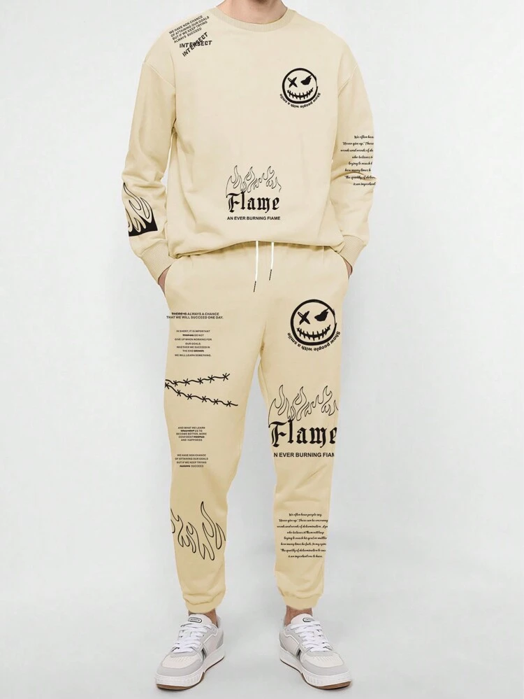 Men's Plus Size Hooded Sweatshirt Printed With Expressions & Slogan, With Drawstring Waist Sweatpants, 2pcs/set