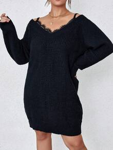 SHEIN Franclia 大碼睫毛蕾絲邊二合一毛衣洋裝不附腰帶 - 黑色 - 查看 3