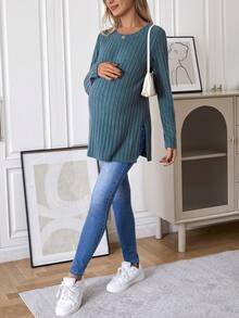 SHEIN Maternity Ribbed Knit Split Hem Tee - Dusty Blue - View 4