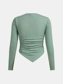 SHEIN Cô gái Dệt kim gân sọc Màu thuần Vòng cổ Đã thu thập Tay áo dài Áo thun - màu đen - Xem 2