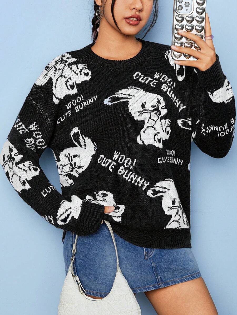SHEIN EZwear Letter & Cartoon Pattern Drop Shoulder Sweater - Black - View 1