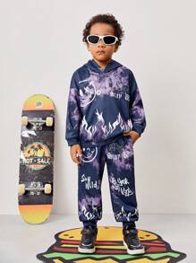 Young Boy Casual Loose Tie Dye Flame & Smiling Face Hoodie Sweatshirt With Knitted Pants Set, Fleece Thickened
