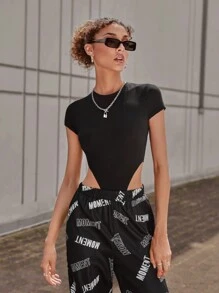 SHEIN EZwear High Leg Solid Bodysuit - Black - View 6