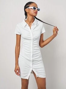 SHEIN EZwear Collared Buttoned Front Rib-Knit Dress - White - View 6