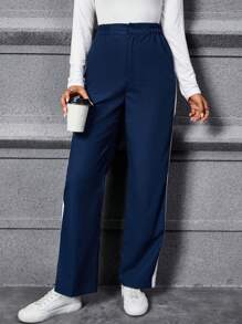 SHEIN LUNE 拼接側邊接縫斜口袋長褲 - 藍色 - 查看 4