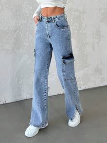 EURMUSE Women's Flap Pocket Washed Denim Jeans - Blue - View 6