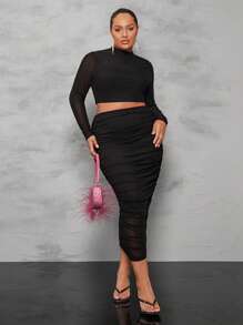 SHEIN BAE Hơn Cổ giả Mùa vụ Lưới Áo & Xù Váy bút chì - màu đen - Xem 4