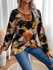 SHEIN LUNE Floral Print Asymmetrical Hem Blouse - Multicolor - View 6