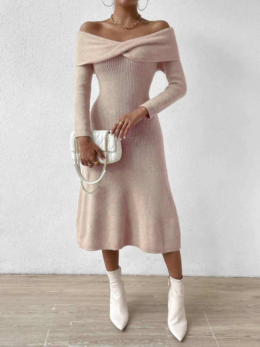 Chiquease Foldover Off Shoulder Twist Front Sweater Dress - Coral Pink - View 1
