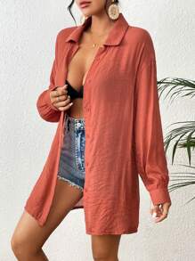 SHEIN Swim Summer Beach Solid Button Front Drop Shoulder Kimono - Rust Brown - View 3