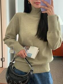 Dazy Star High Neck Drop Shoulder Sweater - Green - View 6