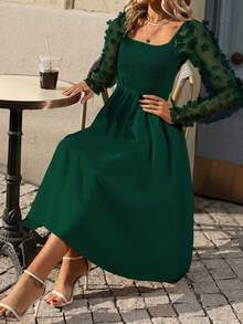 SHEIN LUNE Lưới tương phản Đèn treo tường tay áo lá sen Đầm - Màu xanh lá cây đậm - Xem 8