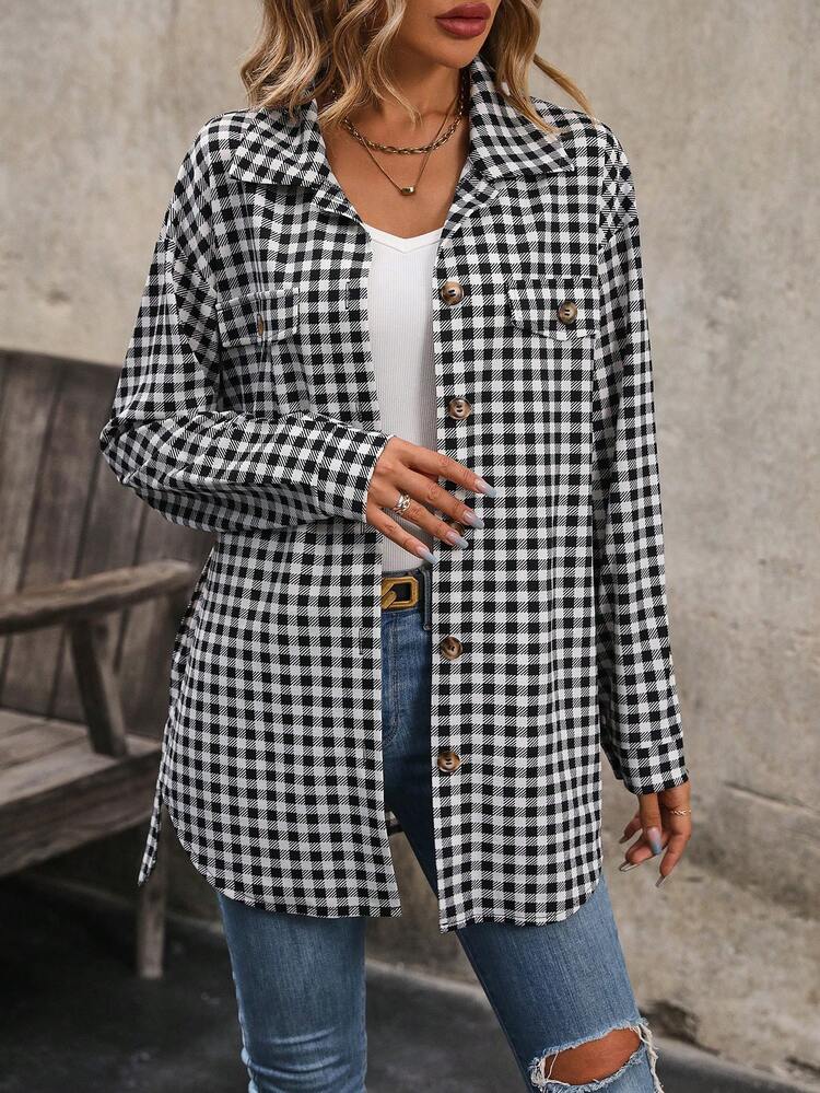 Gingham Print Flap Detail Drop Shoulder Belted Coat