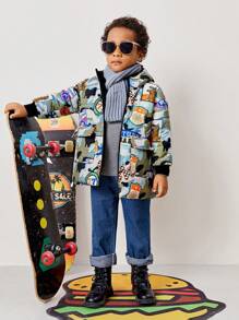SHEIN Young Boy Cartoon Graphic Hooded Padded Coat