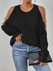 SHEIN LUNE 鏈條細節挖肩套頭毛衣 - 黑色 - 查看 3