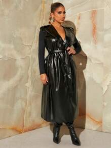 SHEIN SXY Slant Pocket Belted PU Leather Trench Coat - Black - View 6