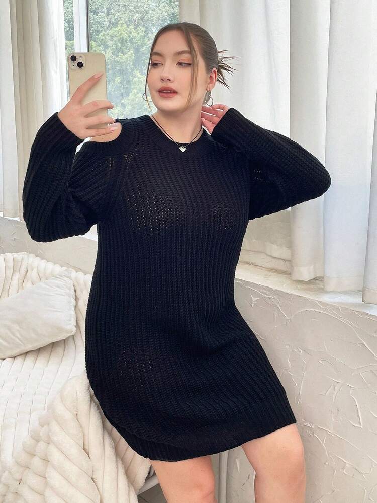 Plus Cold Shoulder Ribbed Knit Sweater Dress