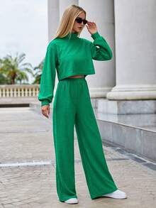 SHEIN Essnce High Neck Drop Shoulder Crop Sweatshirt & Wide Leg Pants - Green - View 5