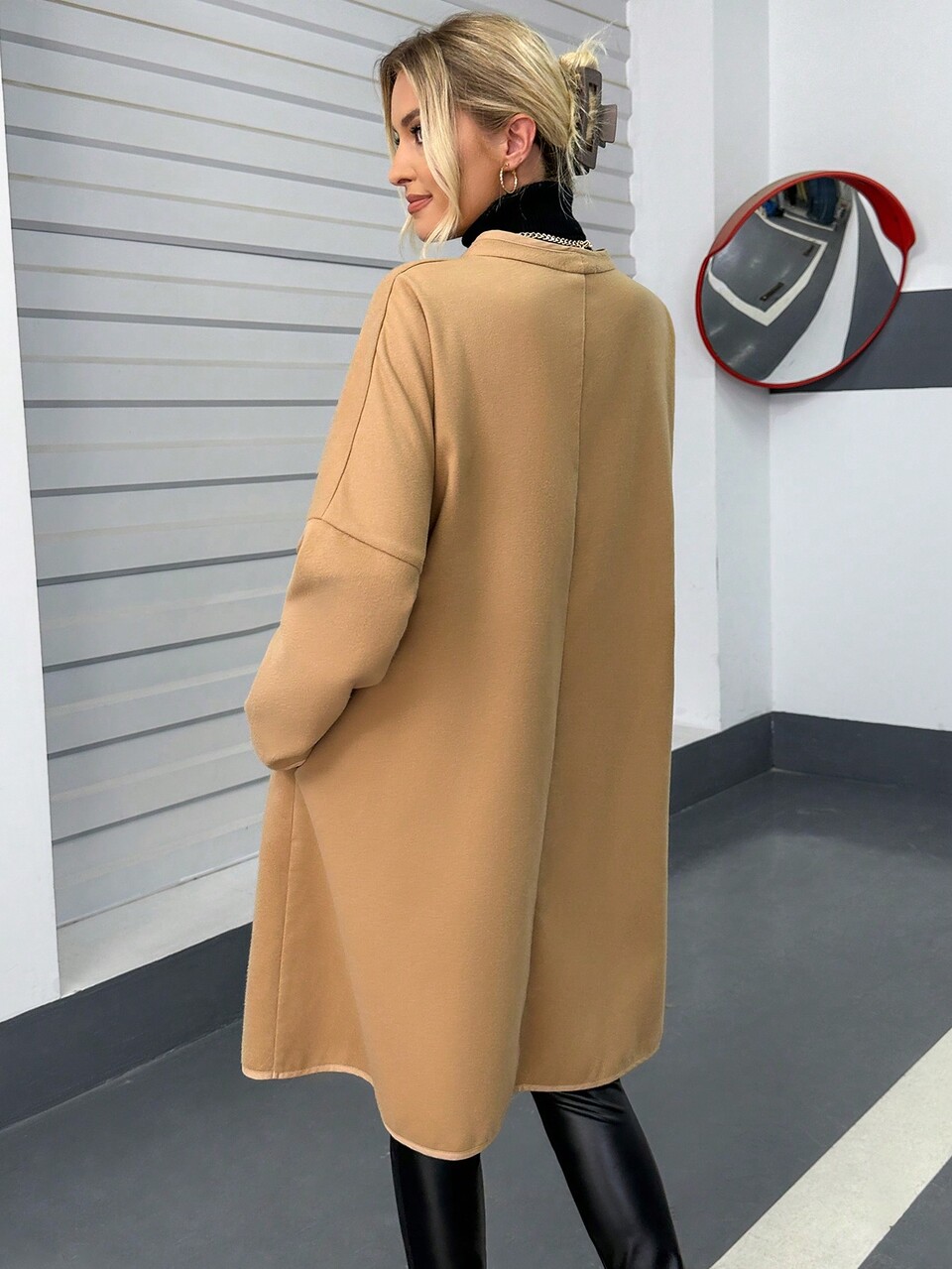 Waterfall Collar Drop Shoulder Open Front Overcoat