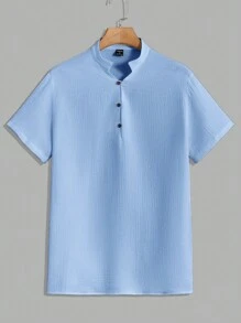 GENTILAND 男裝寬鬆純色半扣衫&褲子套裝,腰部束口設計 - 灰色 - 查看 3