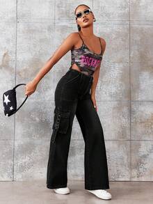 High Waist Flap Pocket Flare Leg Jeans - Dark Grey - View 6