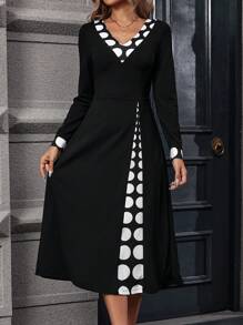 SHEIN Clasi Polka Dot Print V Neck A-line Dress - Black - View 3