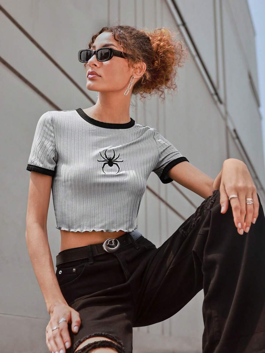 SHEIN ICON Spider Embroidery Contrast Trim Crop Tee - Light Grey - View 1