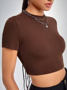 SHEIN EZwear Mock Neck Crop Tee - Coffee Brown - View 4