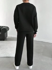 EURMUSE Cartoon & Letter Graphic Drop Shoulder Sweatshirt & Sweatpants - Black - View 2