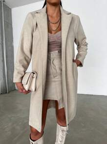 RueChic Lapel Neck Slant Pocket Open Front Coat - Apricot - View 5