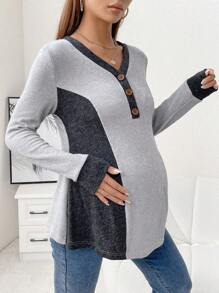SHEIN Maternity Color Block Half Button Tee - Multicolor - View 6