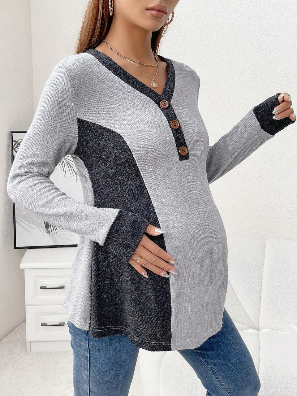 Maternity Color Block Half Button Tee