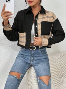 SHEIN Essnce Kẻ sọc tương phản In Thả vai Vá Túi Áo khoác - Nhiều màu - Xem 1